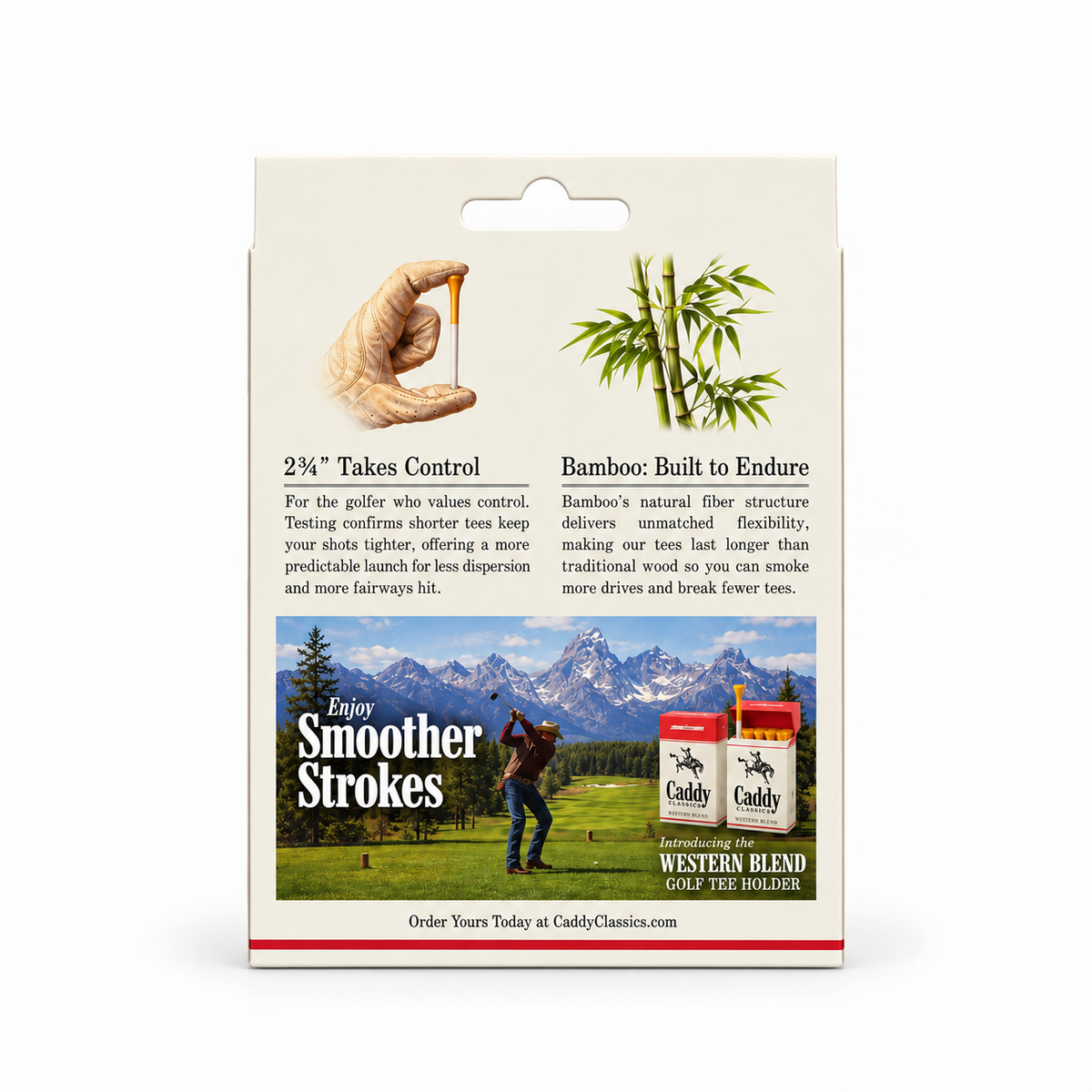 Western Blend box of 50 bamboo golf tees, back view with Western Blend holder artwork