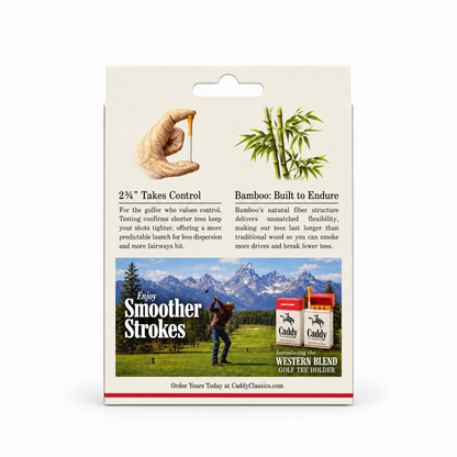 Western Blend box of 50 bamboo golf tees, back view with Western Blend holder artwork