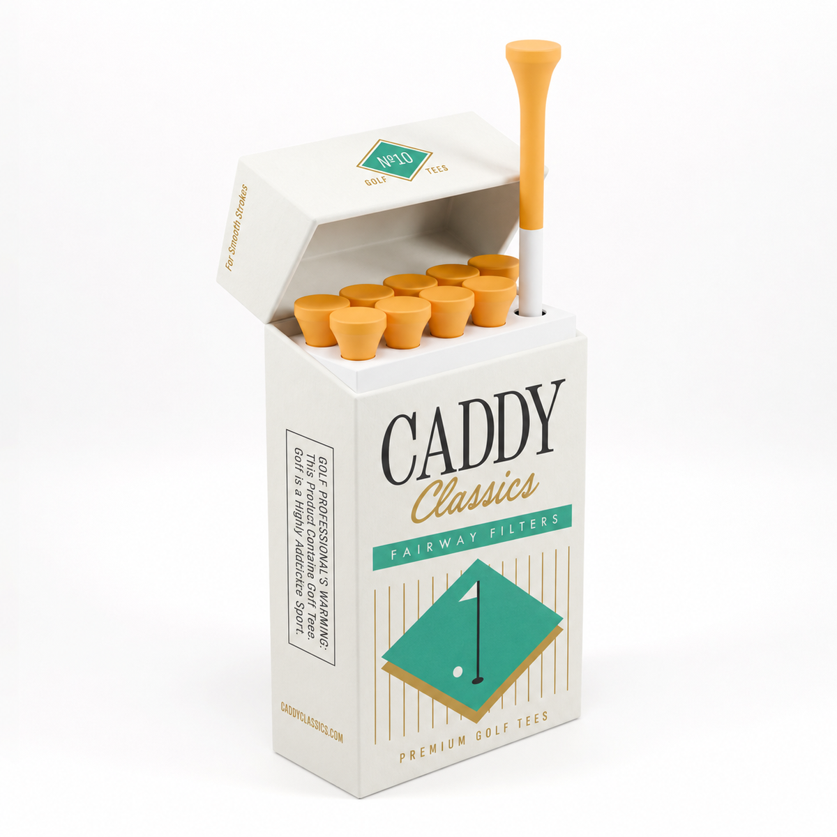 Fairway Filters golf tee holder with open lid and golf tees, angled view on a white background