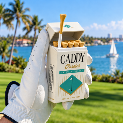 Fairway Filters golf tee holder with open lid, held in a golf glove beside a palm-lined waterfront