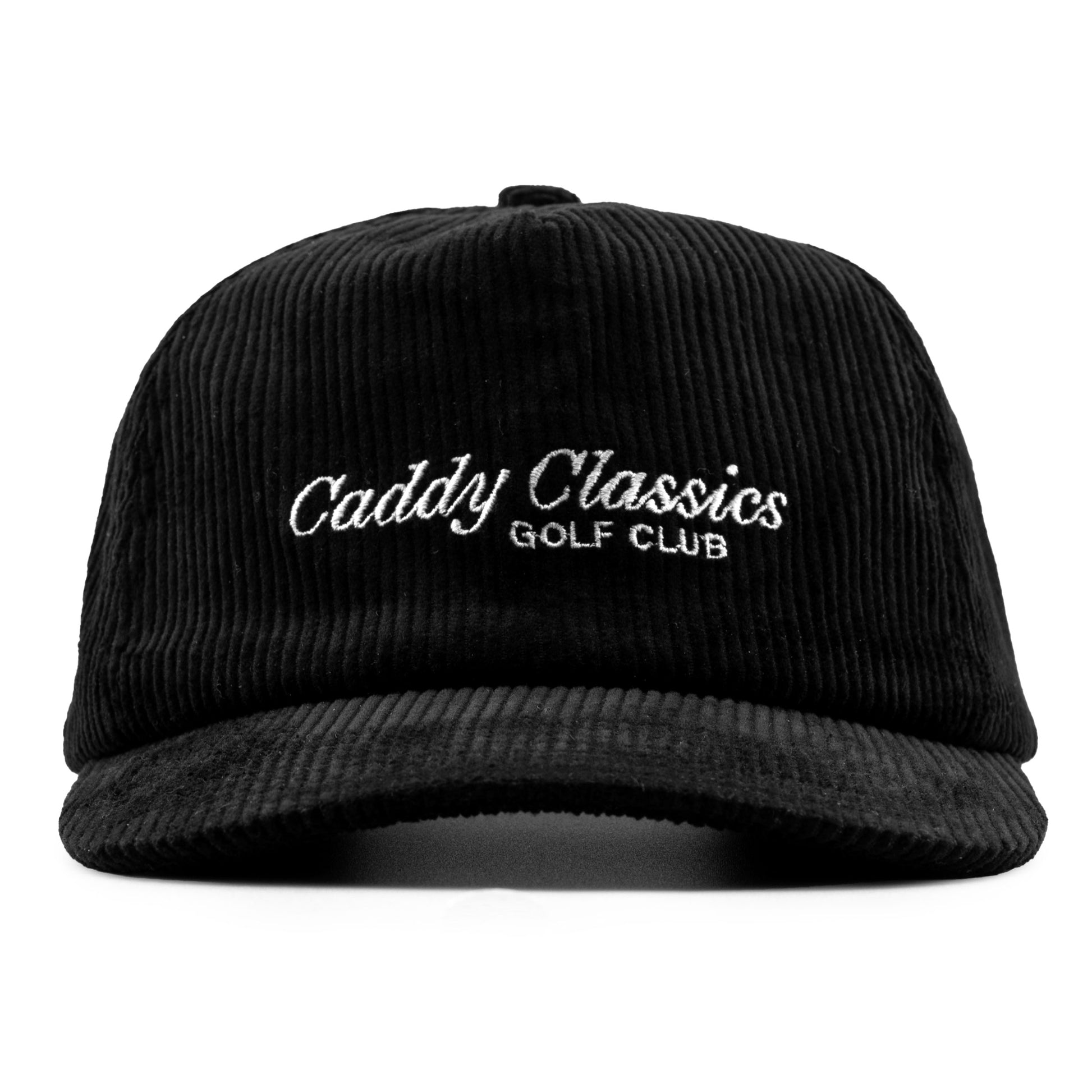 Black corduroy cap with 'Caddy Classics Golf Club' text on a white background