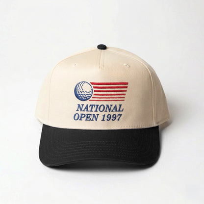 National Open 1997 golf hat in black — front view with retro tournament crest